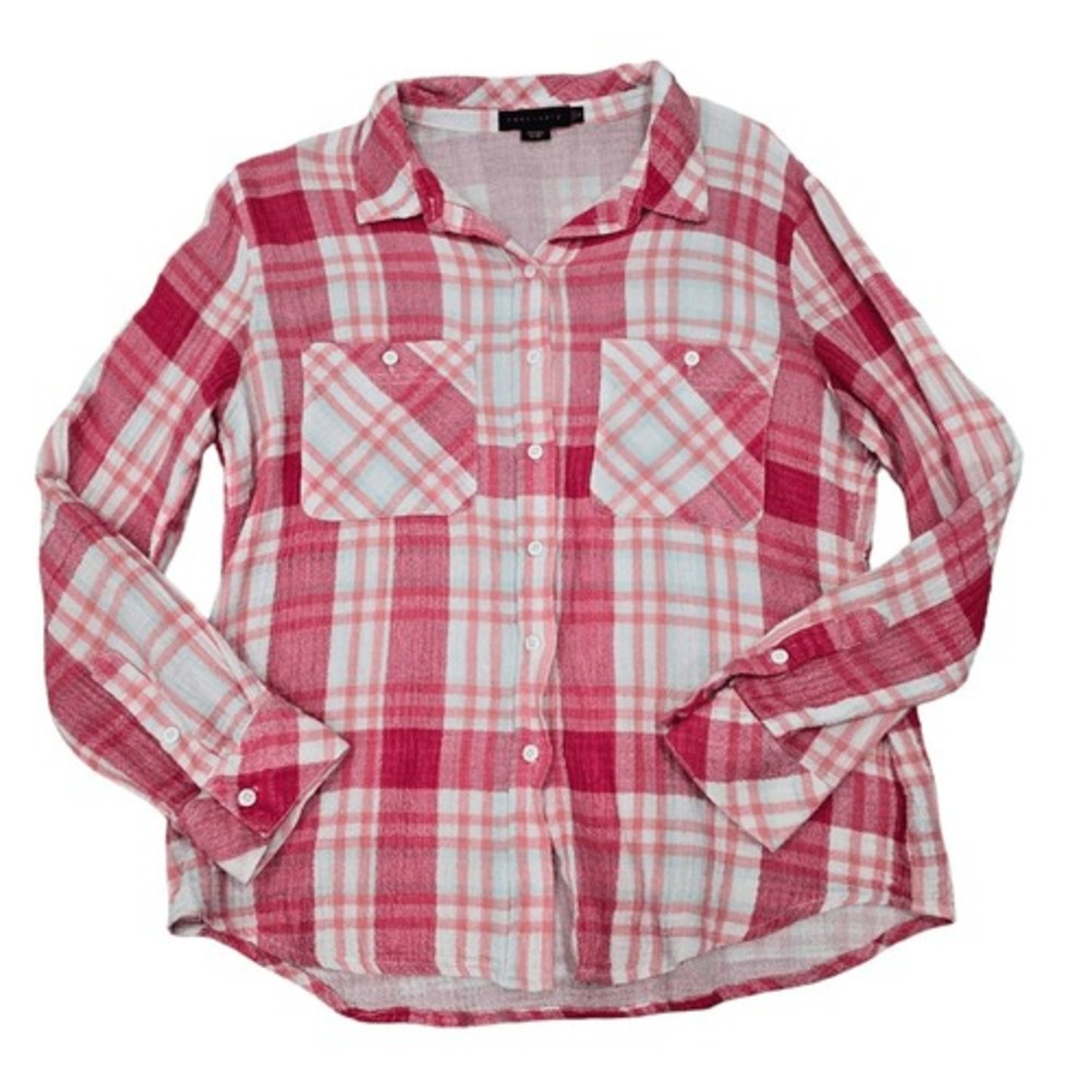 Sanctuary Tomboy Shirt Women's Red Size Medium Plaid Long Sleeve Button Down